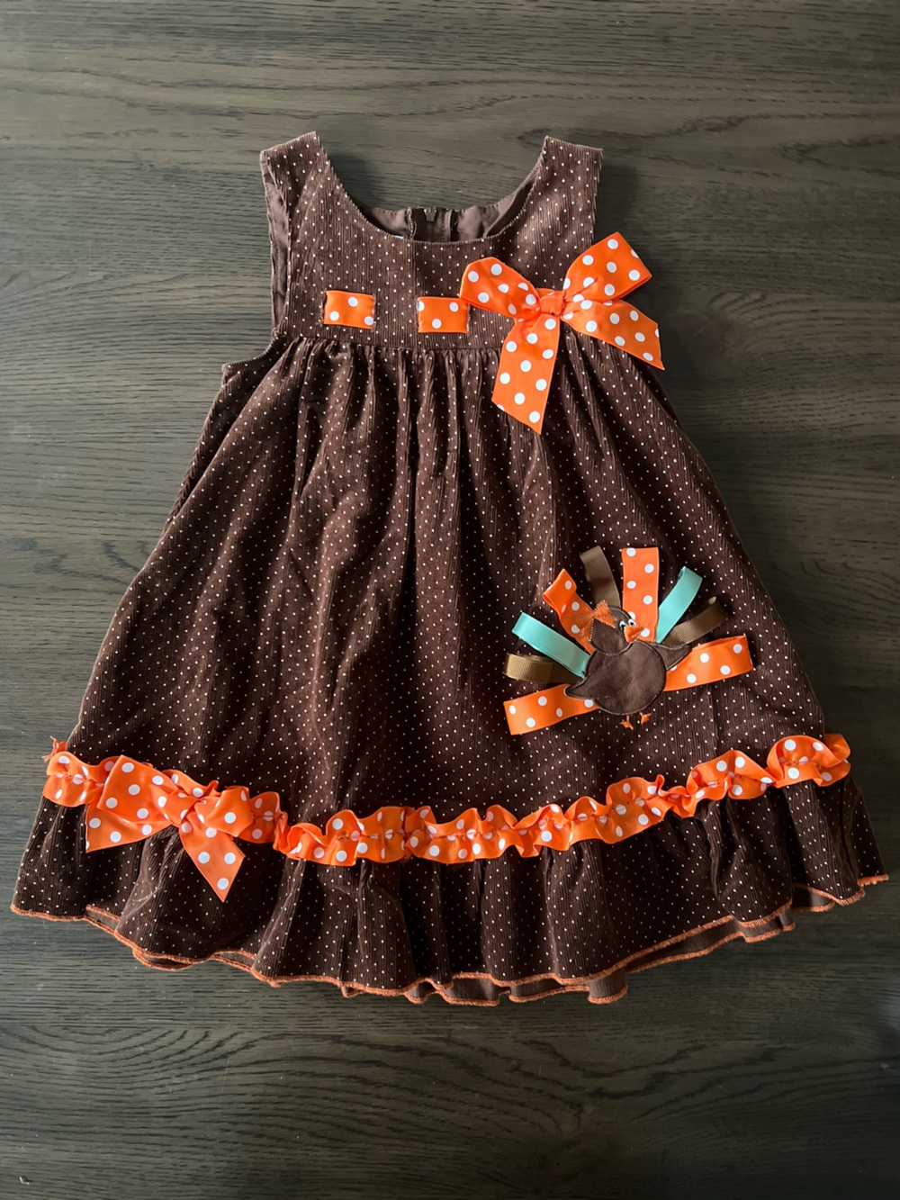 Thanksgiving Dress Brown and White Polka Dots Corduroy Orange Ribbon Ruffles